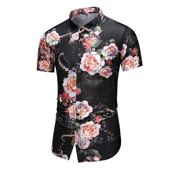 Летняя Новая мужская рубашка с коротким рукавом в цветочек 2023, мужская танцевальная вечеринка, топы с принтом для отдыха на KTV, Большой размер 7XL