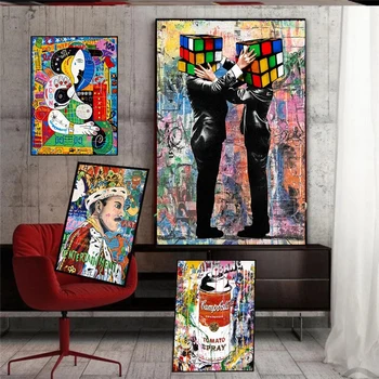 Магия Граффити, Кубик Рубика на голове, печать на холсте, Уличная Фигурная роспись, Настенная картина, плакат для украшения современной домашней комнаты.