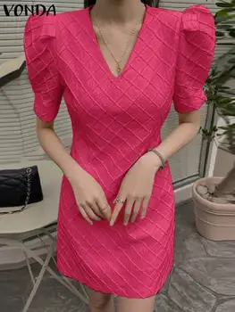 Мини-платье Женское Летнее Платье 2023 VONDA, Элегантное Сексуальное Вечернее Платье С V-образным Вырезом И Коротким Рукавом, Модный Повседневный Свободный Плиссированный Vestidos