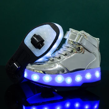 Модная светодиодная обувь для мальчиков и девочек, детские кроссовки с высоким берцем, роликовые коньки, 2 колеса, светящаяся USB-зарядка, легкая спортивная противоскользящая