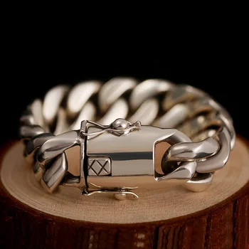 Мощный массивный кубинский браслет из стерлингового серебра S925 пробы, мужской модный браслет в стиле панк, хип-хоп, широкая версия, красивый браслет