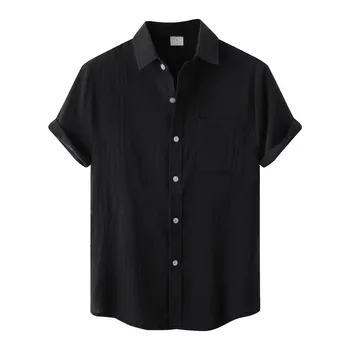 Мужская модная деловая рубашка 2023 года, облегающий однотонный топ с отложным воротником, повседневные рубашки свободного кроя на пуговицах и короткими рукавами, блузки на пуговицах