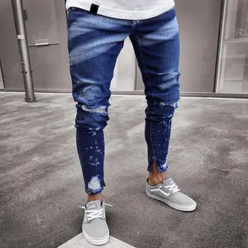 Мужские джинсы-скинни с дырками, модные выстиранные полосатые рваные узкие джинсовые брюки для мужчин 2023, новые мужские джинсовые брюки в стиле хип-хоп на молнии для ног