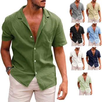Мужские топы, однотонная повседневная рубашка на пуговицах, льняная пляжная рубашка с коротким рукавом, летняя свободная модная мужская одежда большого размера