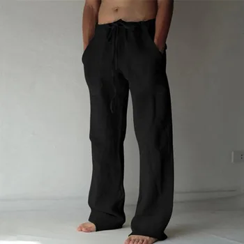Мужские хлопчатобумажные льняные брюки, модные однотонные мешковатые брюки с завязками, Комфортные Свободные Широкие брюки, уличная одежда, повседневные брюки