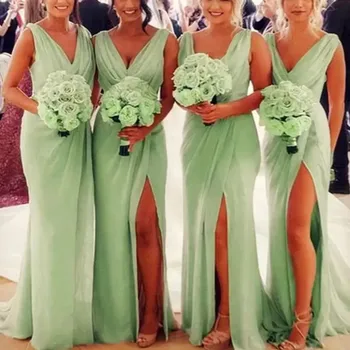 Мятно-зеленое платье подружки невесты с V-образным вырезом, Шифоновое Плиссированное платье трапециевидной формы, Элегантное свадебное платье для гостей, Вечернее платье Vesidos De Gala 2023