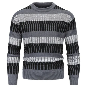 Новый мужской пуловер, осенний свитер из свободного трикотажа с воротником-стойкой, мужской зимний Полосатый уличный свитер