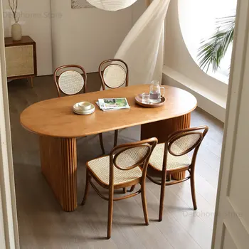 Обеденные столы из японского ротанга, Кухня, Современный Дизайнерский Прямоугольный обеденный стол из массива дерева, Столы для проживания в семье в Скандинавии, мебель