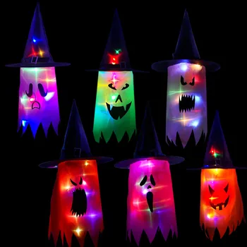 Огни Хэллоуина, подвесная шляпа волшебника-призрака с подсветкой на Хэллоуин, украшения для Хэллоуина, украшения внутри и снаружи помещений
