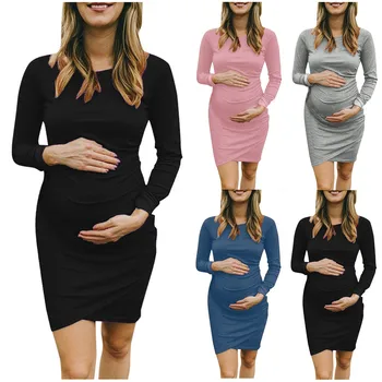 Однотонное длинное платье для беременных, однотонное длинное платье для беременных, однотонное повседневное женское платье для беременных с рукавом Одежда Для Беременных