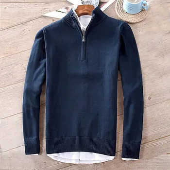 Осенне-зимний пуловер, свитер Мужской из 100% хлопка с длинным рукавом, повседневный пуловер с имитацией горловины на молнии, топ 8504