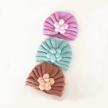 Осенне-зимняя вязаная шапка с цветочным узором для маленьких девочек, детские шапочки-бини на 1-2 года