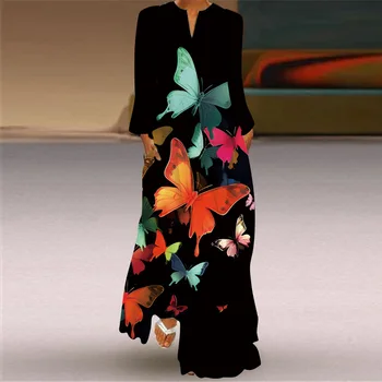 Платье для женщин, новая мода 2023 года, платья Макси с цветочным принтом и бабочкой, V-образный вырез, длинный рукав, Элегантное повседневное свободное платье трапециевидной формы