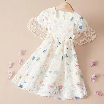 Платье принцессы для малышей, летнее платье в тонком стиле с кружевным принтом бабочки для девочек от 1 до 7 лет, платье для маленькой девочки
