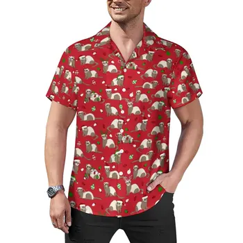Рождественская рубашка для отдыха с хорьком, гавайские повседневные рубашки с забавным животным принтом, мужские модные блузки, дизайнерские топы с короткими рукавами, большие размеры