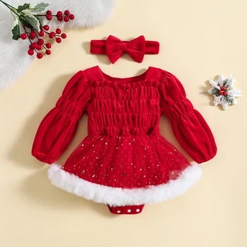 Рождественское повседневное платье-комбинезон для новорожденных девочек, красный комбинезон с рюшами и принтом звезды и Луны с повязкой на голове