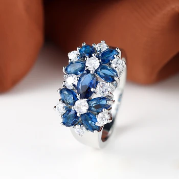 Роскошное кольцо с цветком из белого и синего циркона для женщин, Изящный кристалл огранки Маркиза, Свадебные банкетные Обручальные кольца, ювелирные изделия