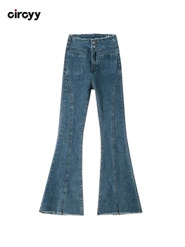 Синие расклешенные брюки, женские джинсы с высокой талией, новинка осени 2023 года, обтягивающие джинсы полной длины с двойными пуговицами, модные винтажные брюки с заусенцами