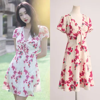 [Спотовые товары ] XuanLu, французская мода в том же стиле, сладкий цветочный дизайн, супер-сказочная отделка талии, шифоновое платье для похудения для женщин