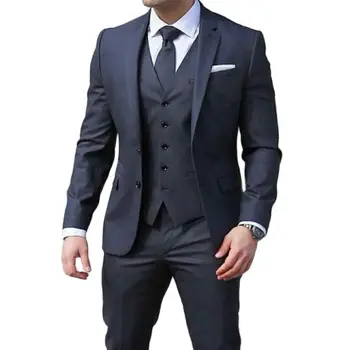 Темно-синие Официальные мужские костюмы для свадьбы, мужской комплект из 3 предметов, куртка со штанами, жилет с зубчатым отворотом, Новая мужская модная одежда