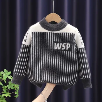 Шерстяной свитер для мальчиков, вязаный крючком, хлопковая ветровка, 2023, теплый осенне-зимний пуловер в полоску, детская одежда для подростков