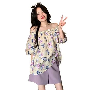 Шифоновый комплект одежды для беременных женщин в корейском стиле, фиолетовые рубашки без рукавов с цветочным рисунком + шорты для живота, модные брюки для беременных, костюмы
