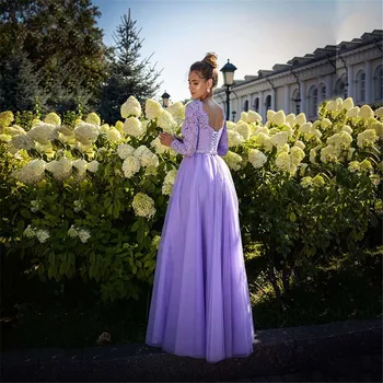 Элегантное фиолетовое вечернее платье А-силуэта с V-образным вырезом и длинными рукавами, расшитое бисером, пояс длиной до пола, вечернее платье для выпускного вечера Angel Custom Elegance