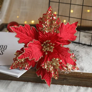 Искусственные головки цветов Украшения для рождественской елки 1ШТ 25 см Блестящие искусственные рождественские цветы СДЕЛАЙ САМ Рождественский венок
