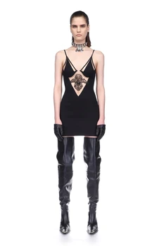 Летние Новые женские черные сексуальные сетчатые лоскутные повязки на бретельках с V-образным вырезом 2023, облегающее вечернее мини-платье для знаменитостей