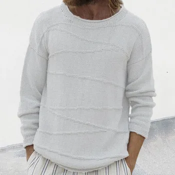 Мужской свитер винтажного дизайна, вязаный с длинным рукавом и круглым вырезом, свободный джемпер, свитера, Осенние повседневные однотонные вязаные топы, мужская одежда