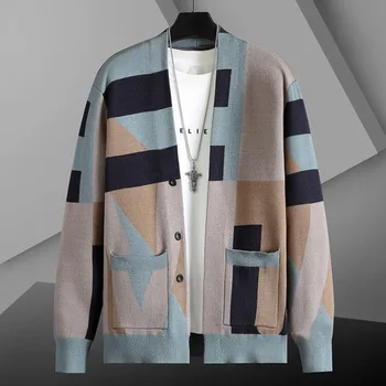 Новый мужской кардиган с нерегулярным рисунком, свитер с контрастным цветом, модный повседневный простой Универсальный мужской свитер, куртка