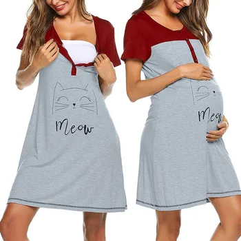 Платья для беременных с милым кошачьим принтом, ночная рубашка для беременных и кормящих, платье для кормления грудью, женское повседневное платье