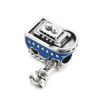 Синий круизный лайнер, шарм, подходящие женские браслеты, ювелирные изделия своими руками, аутентичное серебро S925 пробы, бусина-лодочка в виде сердца, подарок на день рождения